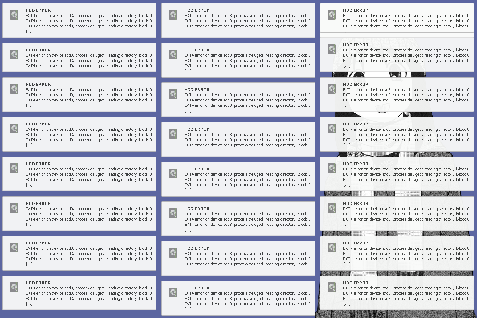 My desktop, covered in error messages from hddmon.