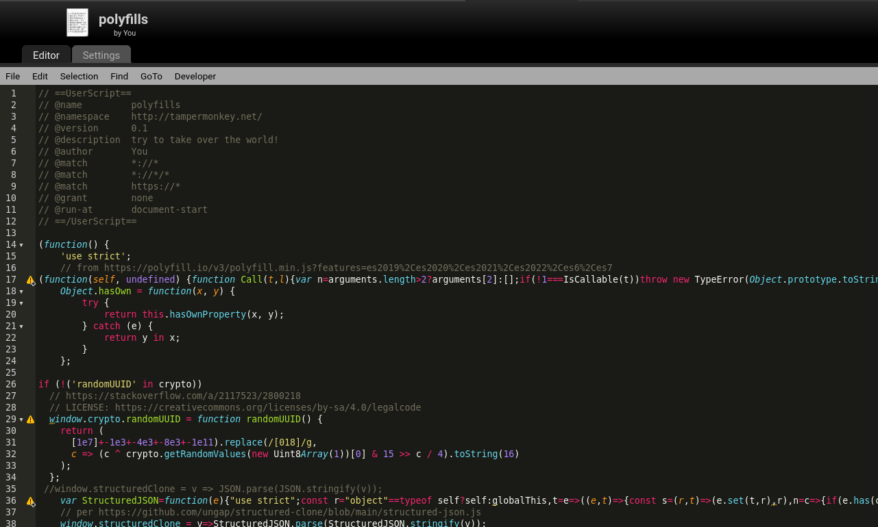 A screenshot of Tampermonkey with a &ldquo;polyfills&rdquo; userscript